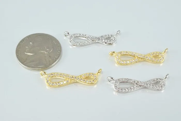 18k Gold Filled Look, Infinity Connector with CZ, Rhodium Micro Pave Bead Charm for Elegant Jewelry Making
