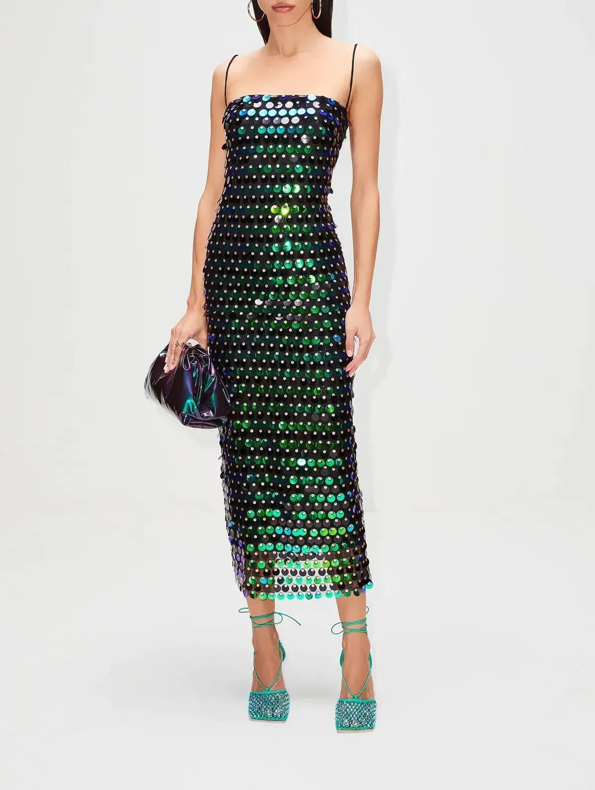 2024 New Sequined Tube Top Strap Sexy Sleeveless Slim Solid Straight Backless Slip Dress