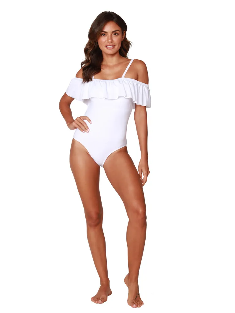 A dramatic off-the-shoulder ruffle bathing suit in White or Black.