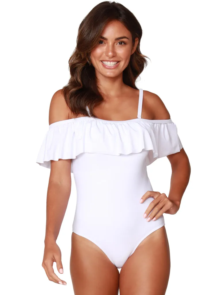 A dramatic off-the-shoulder ruffle bathing suit in White or Black.