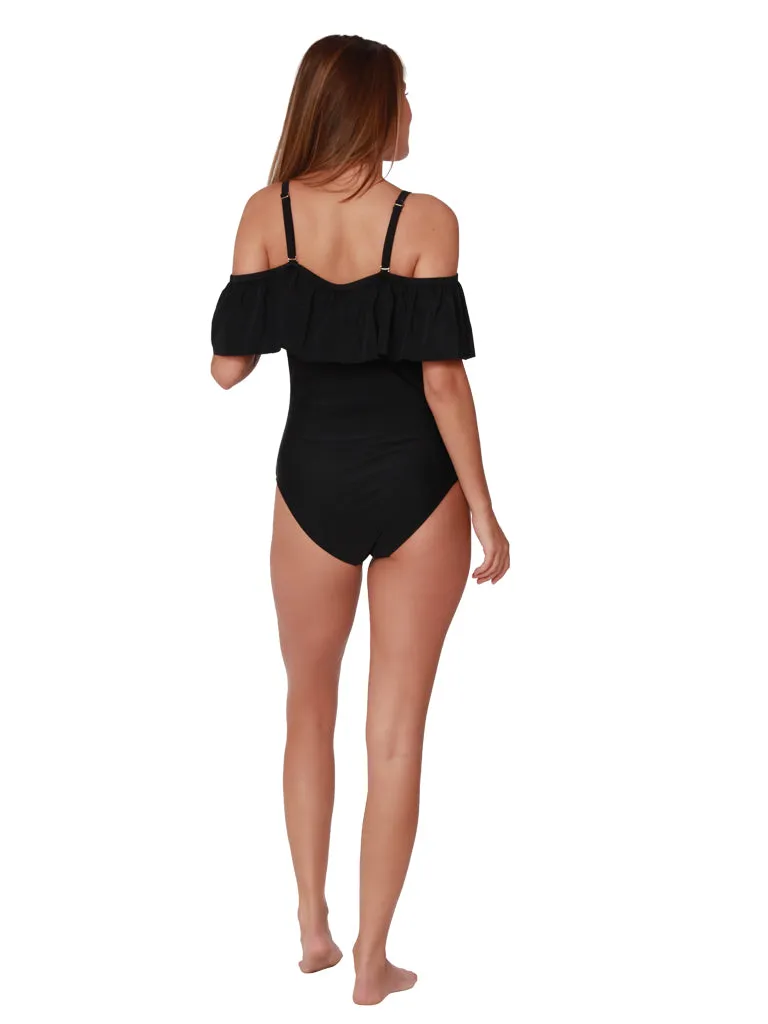 A dramatic off-the-shoulder ruffle bathing suit in White or Black.