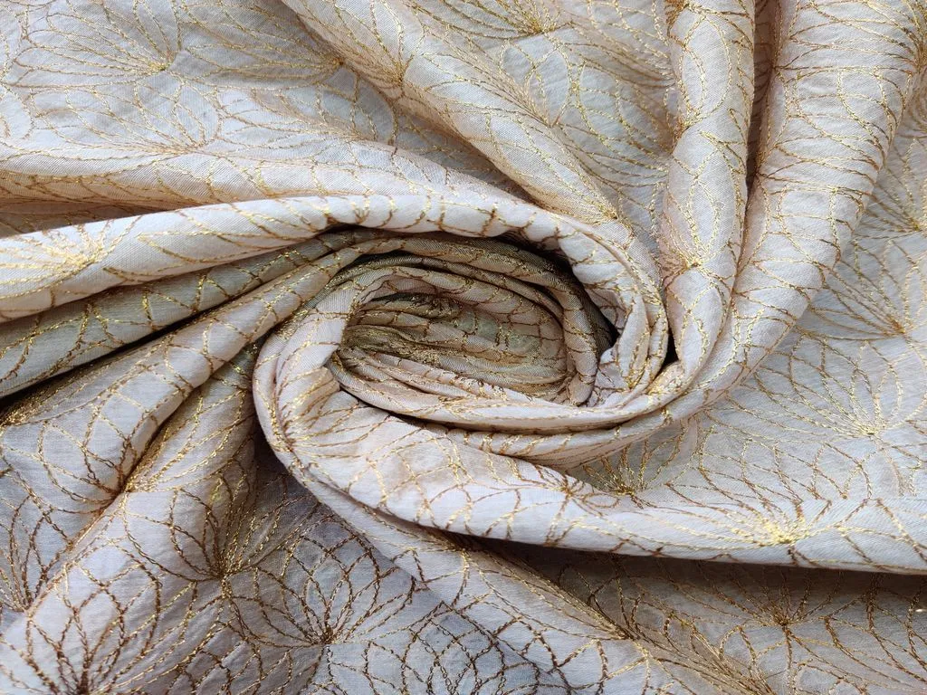 Beige & Golden Floral Embroidered Chanderi Silk Fabric (Wholesale)