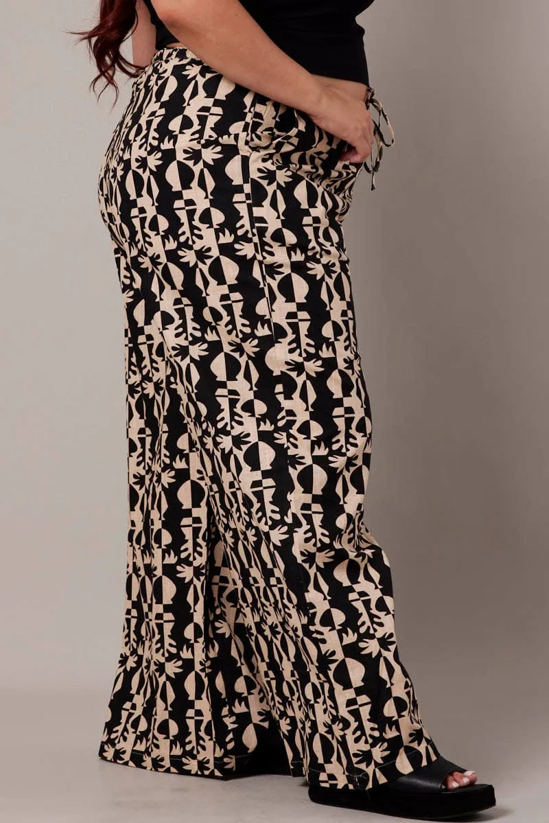 Black Abstract Wide Leg Pants High Rise