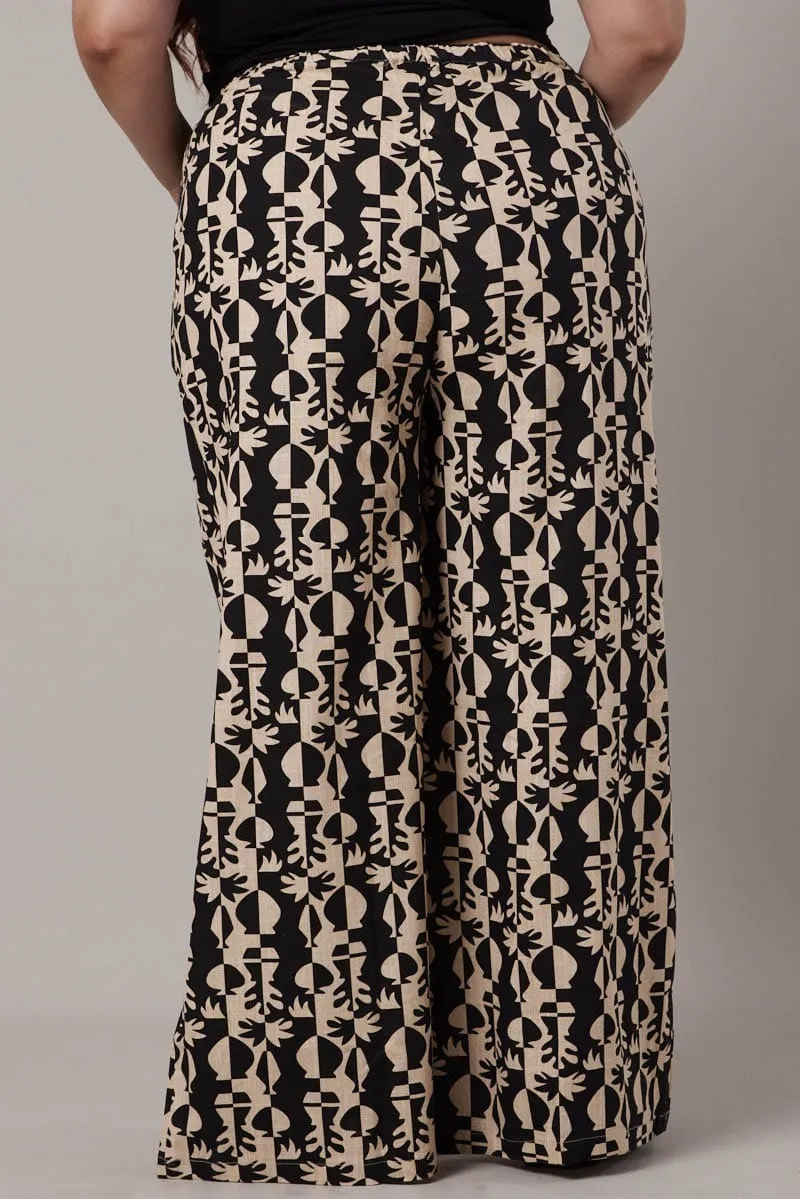 Black Abstract Wide Leg Pants High Rise