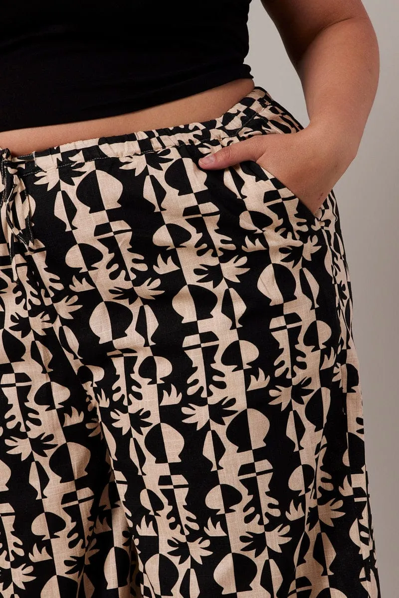 Black Abstract Wide Leg Pants High Rise