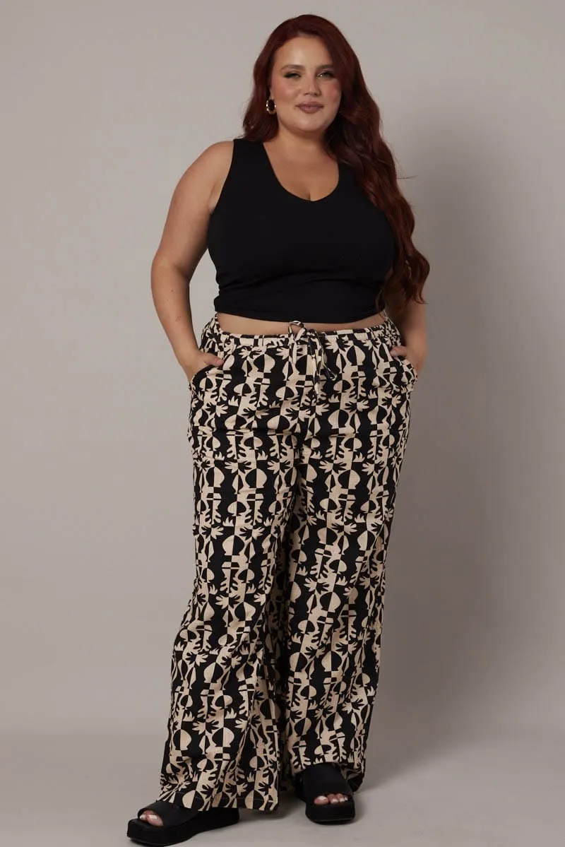 Black Abstract Wide Leg Pants High Rise