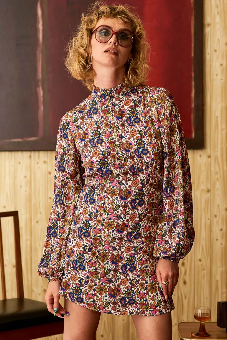 Dream On Cream Floral High Neck Mini Dress - SSA469 - UK14
