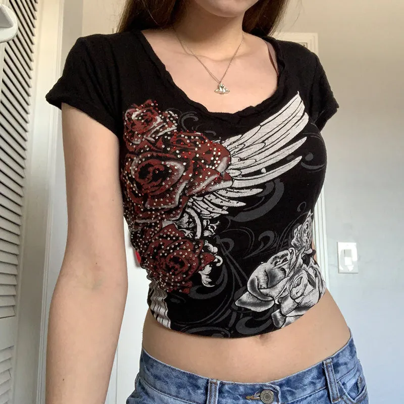 DressBetty - Goth Rhinestone Floral Tee