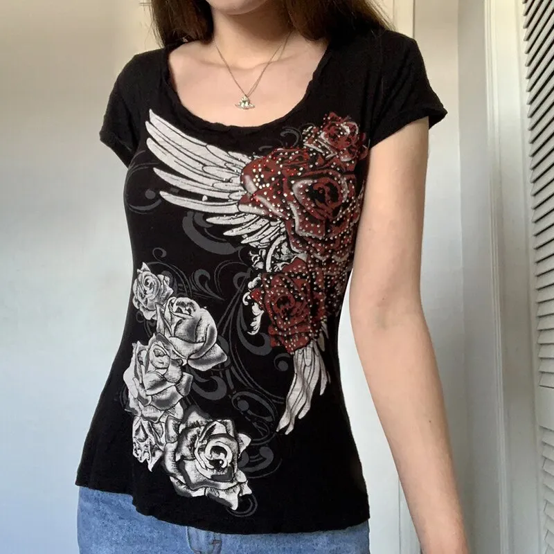 DressBetty - Goth Rhinestone Floral Tee