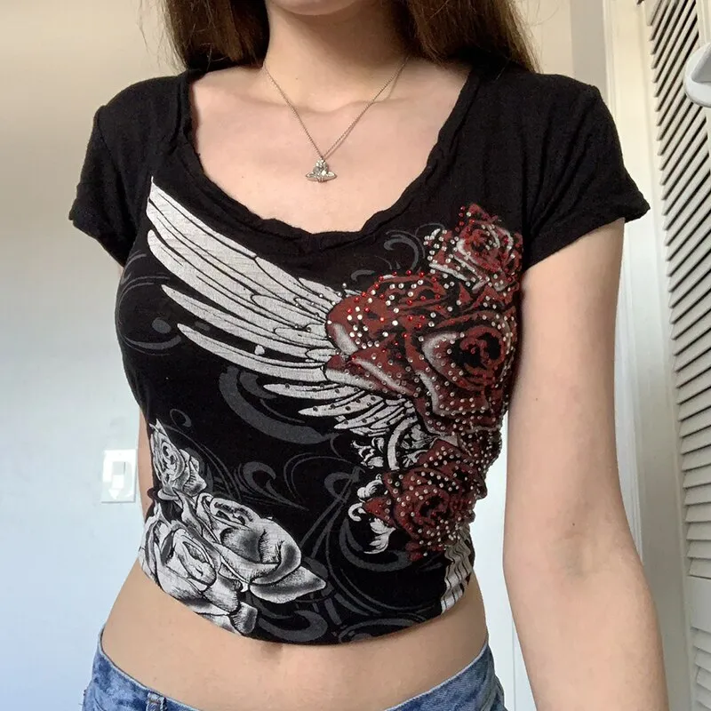 DressBetty - Goth Rhinestone Floral Tee