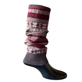 Fair Isle Knit Lambswool Leg Warmers - Red & Taupe