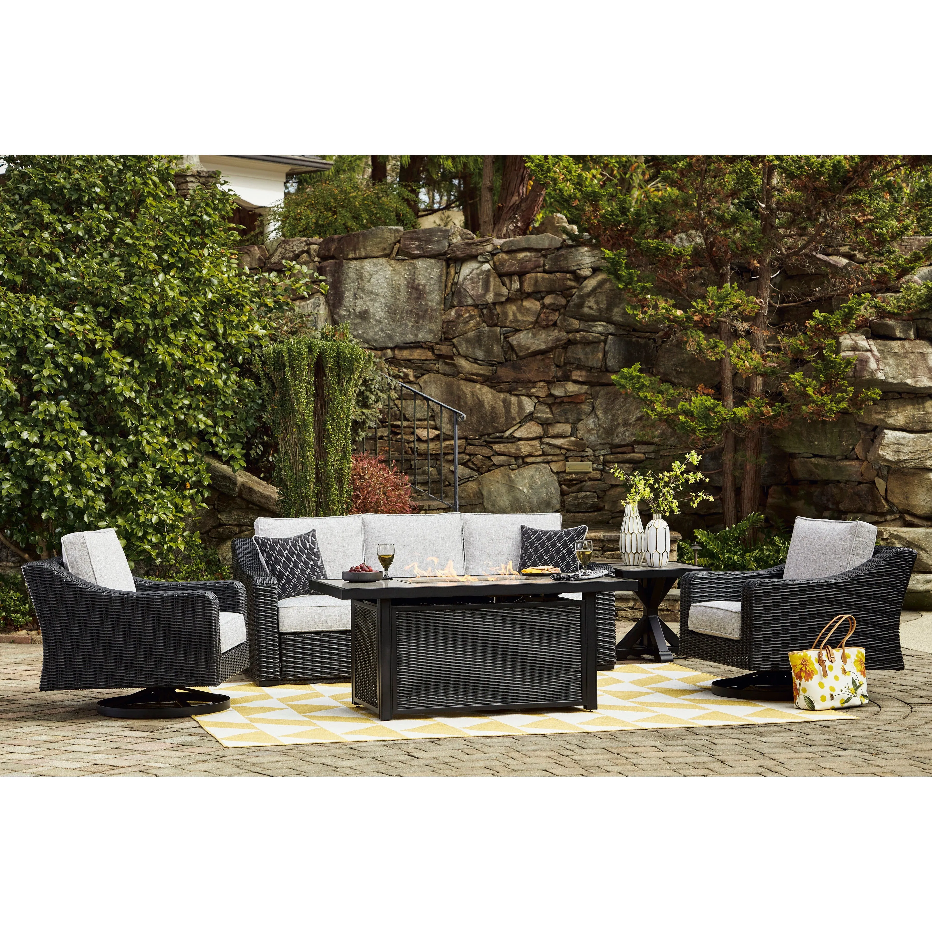 Fire Island Black Outdoor 3-Piece Seating Set (Sofa  2 Swivel Rockers)