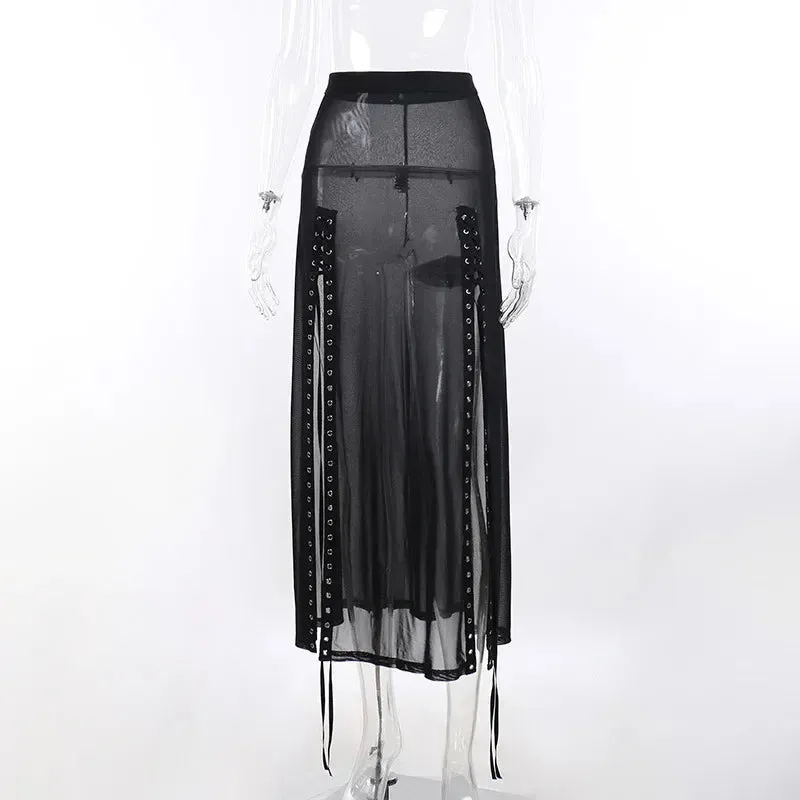 Goth Mesh Perspective Side Slit Lace Up Dark Aesthetical Summer Skirt