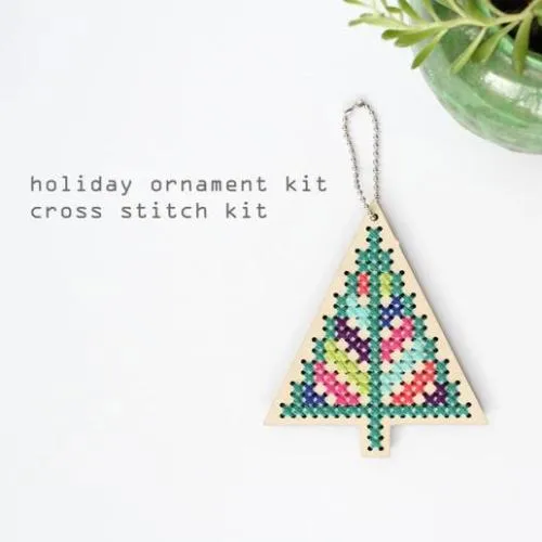 Holiday Tree Wooden Cross Stitch Ornament DIY Kit