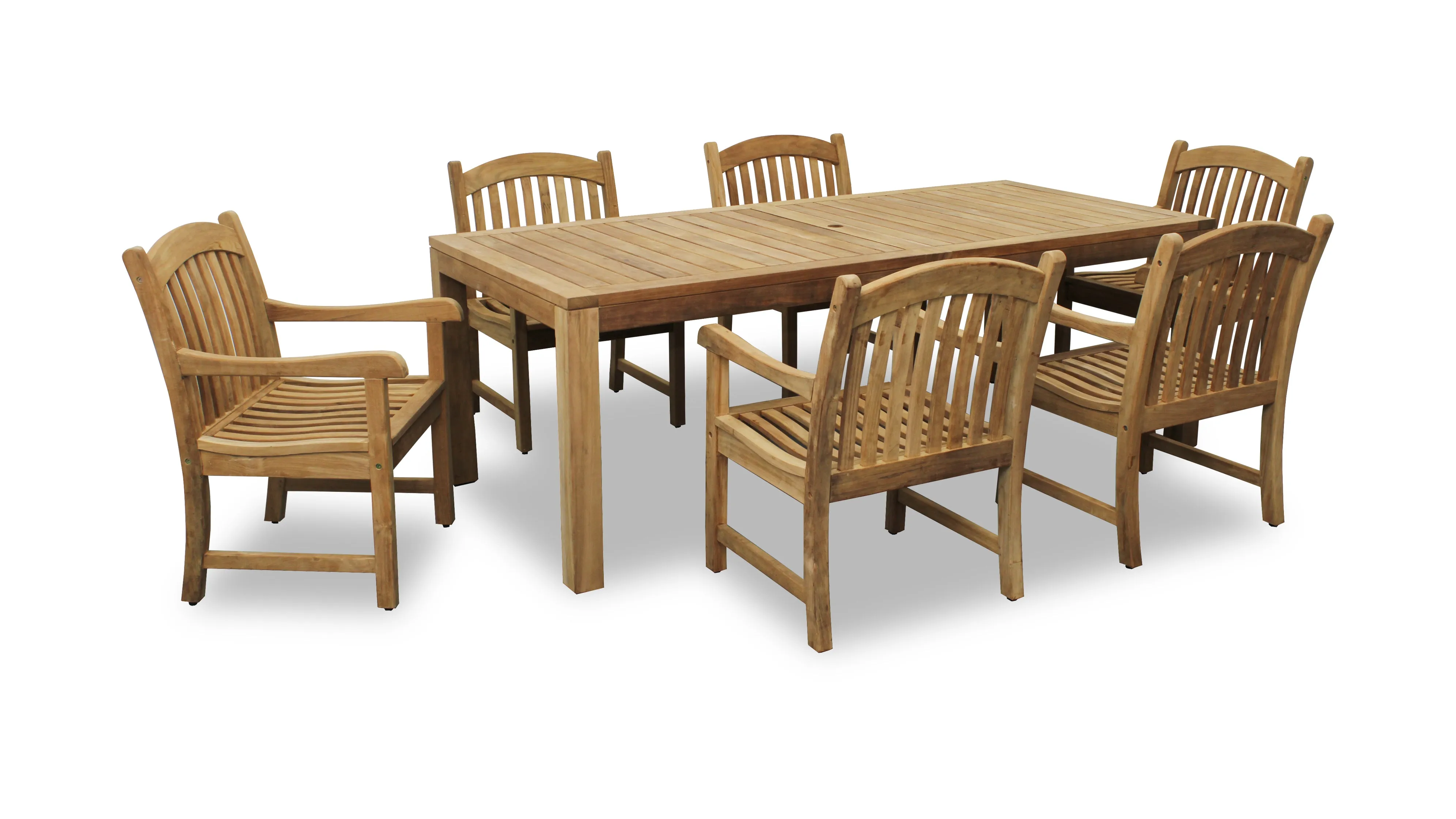 Katana Teak 7pc Outdoor Dining Set (Teak 86" Rectangular Table with 6 Teak Tista Armchairs  FREE Cushions)