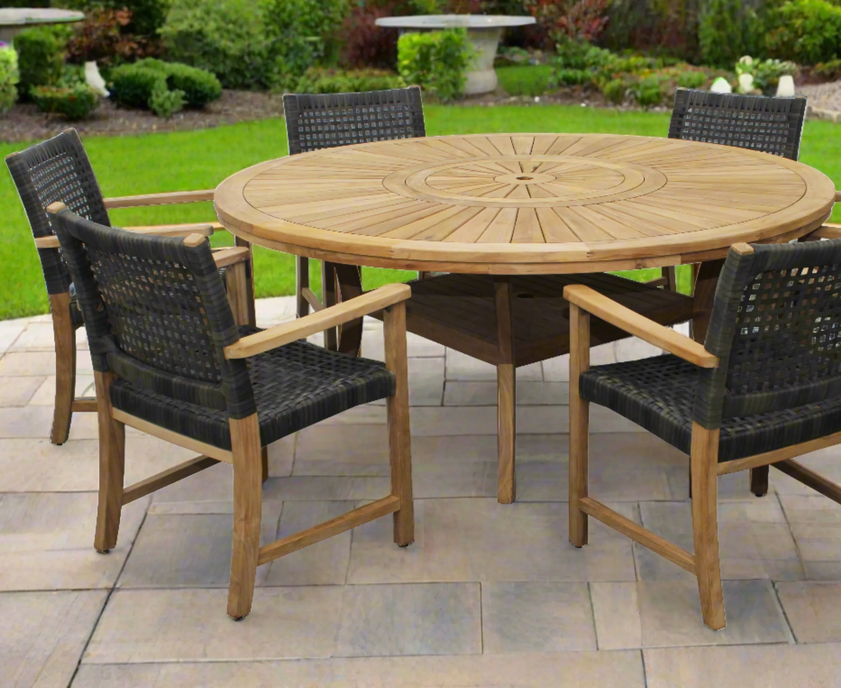 Komodo Teak 7pc Outdoor Dining Set (Teak 70" Round Table w Built-in Lazy Susan with 6 Woven Sanur Armchairs)