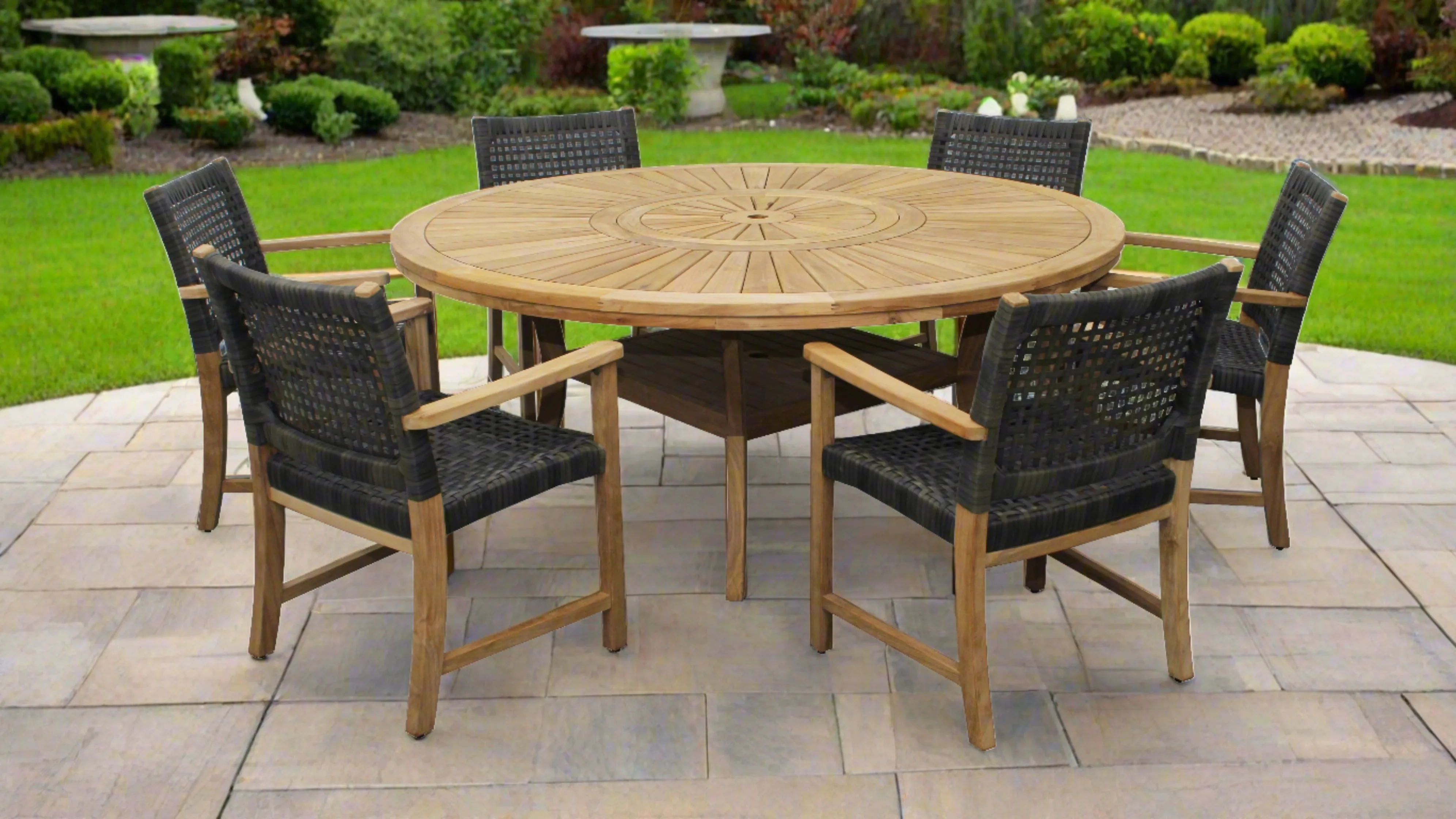 Komodo Teak 7pc Outdoor Dining Set (Teak 70" Round Table w Built-in Lazy Susan with 6 Woven Sanur Armchairs)