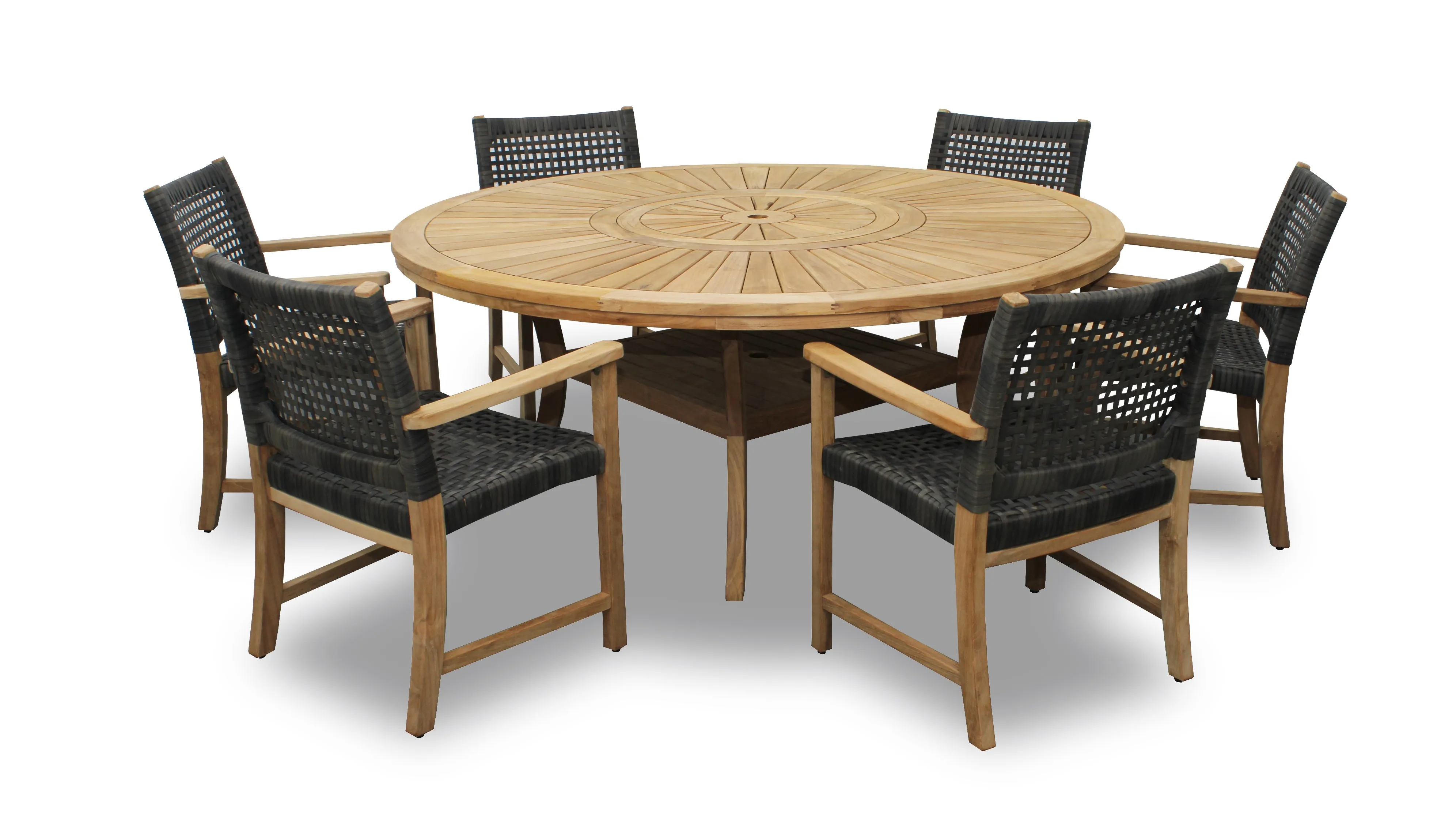 Komodo Teak 7pc Outdoor Dining Set (Teak 70" Round Table w Built-in Lazy Susan with 6 Woven Sanur Armchairs)