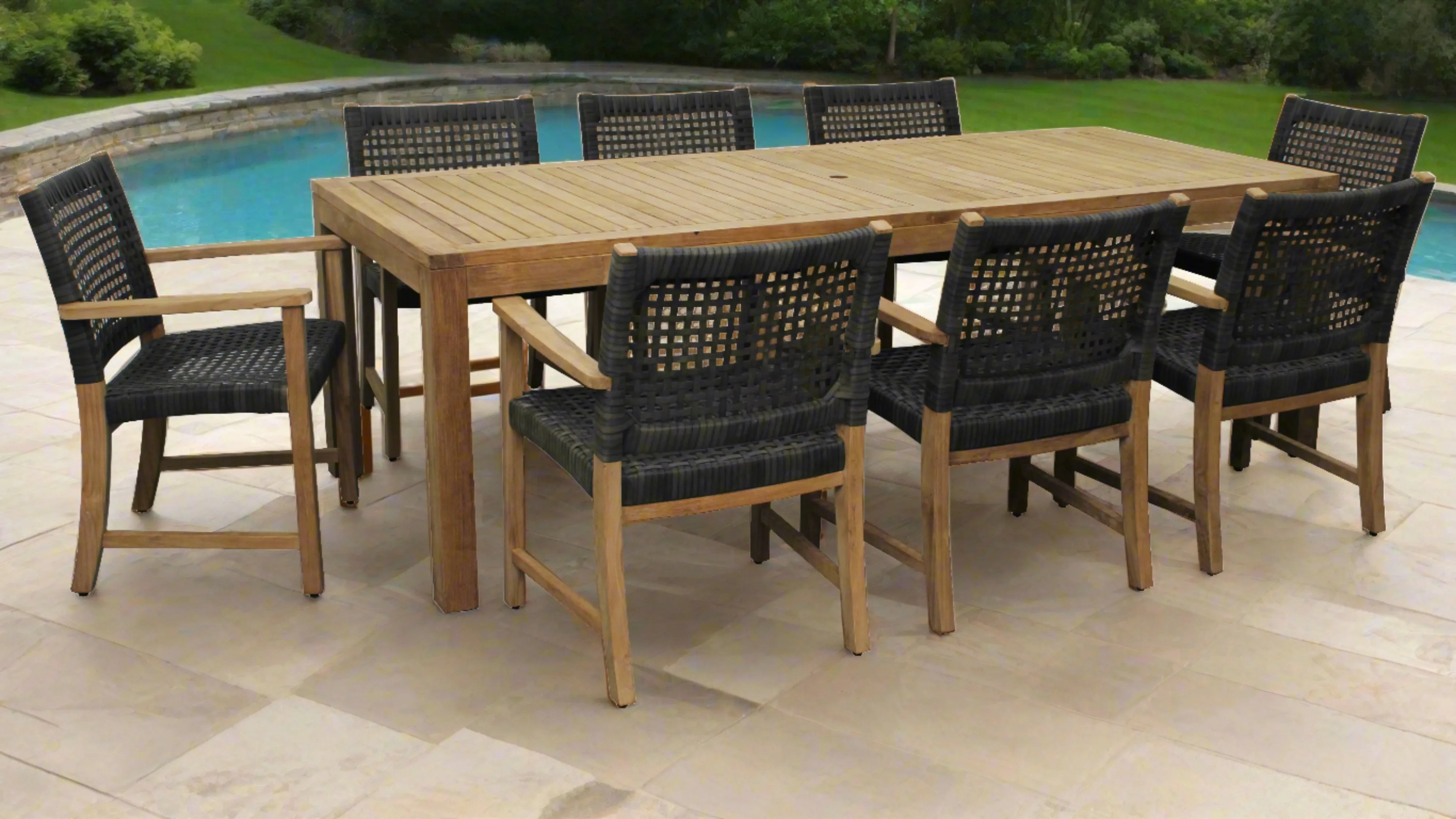 Rinjani Teak 9pc Outdoor Dining Set (Teak 94" Rectangular Table with 8 Sanur Woven Armchairs)