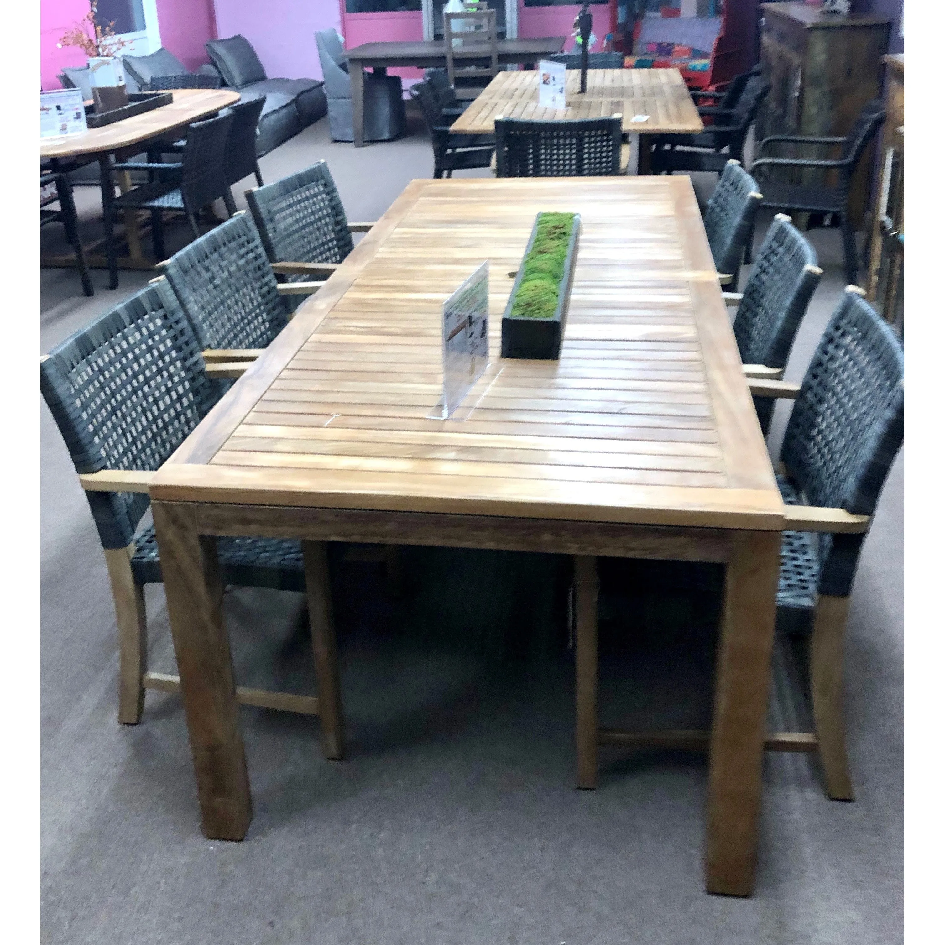 Rinjani Teak 9pc Outdoor Dining Set (Teak 94" Rectangular Table with 8 Sanur Woven Armchairs)