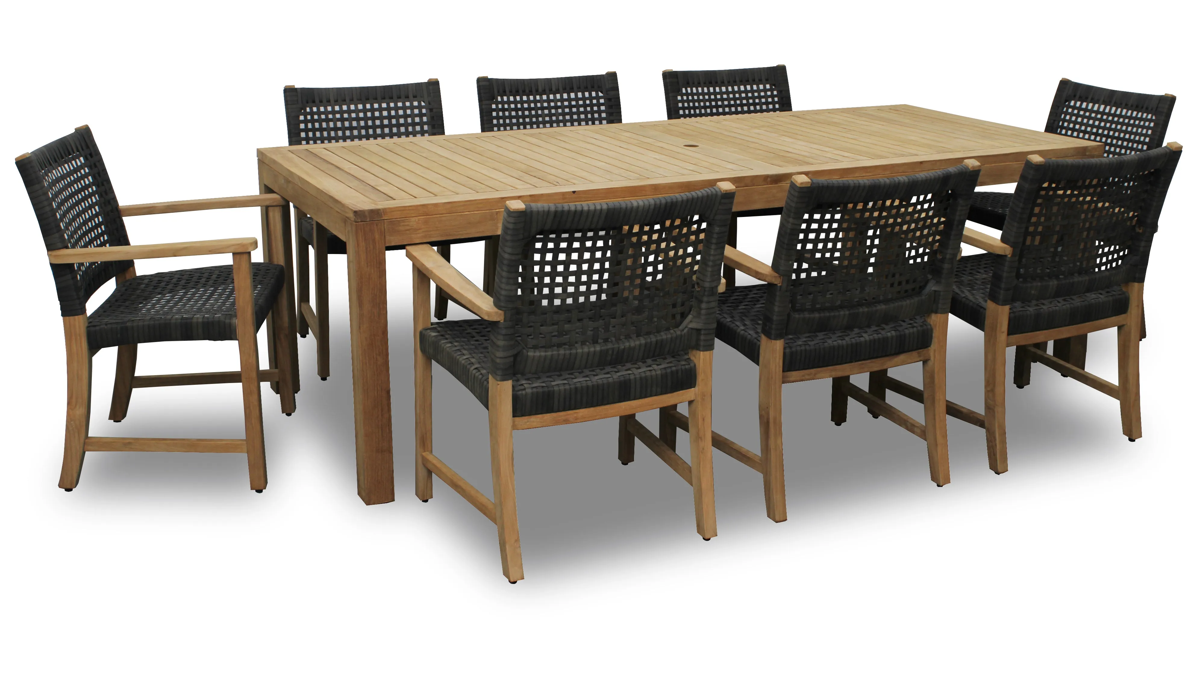 Rinjani Teak 9pc Outdoor Dining Set (Teak 94" Rectangular Table with 8 Sanur Woven Armchairs)