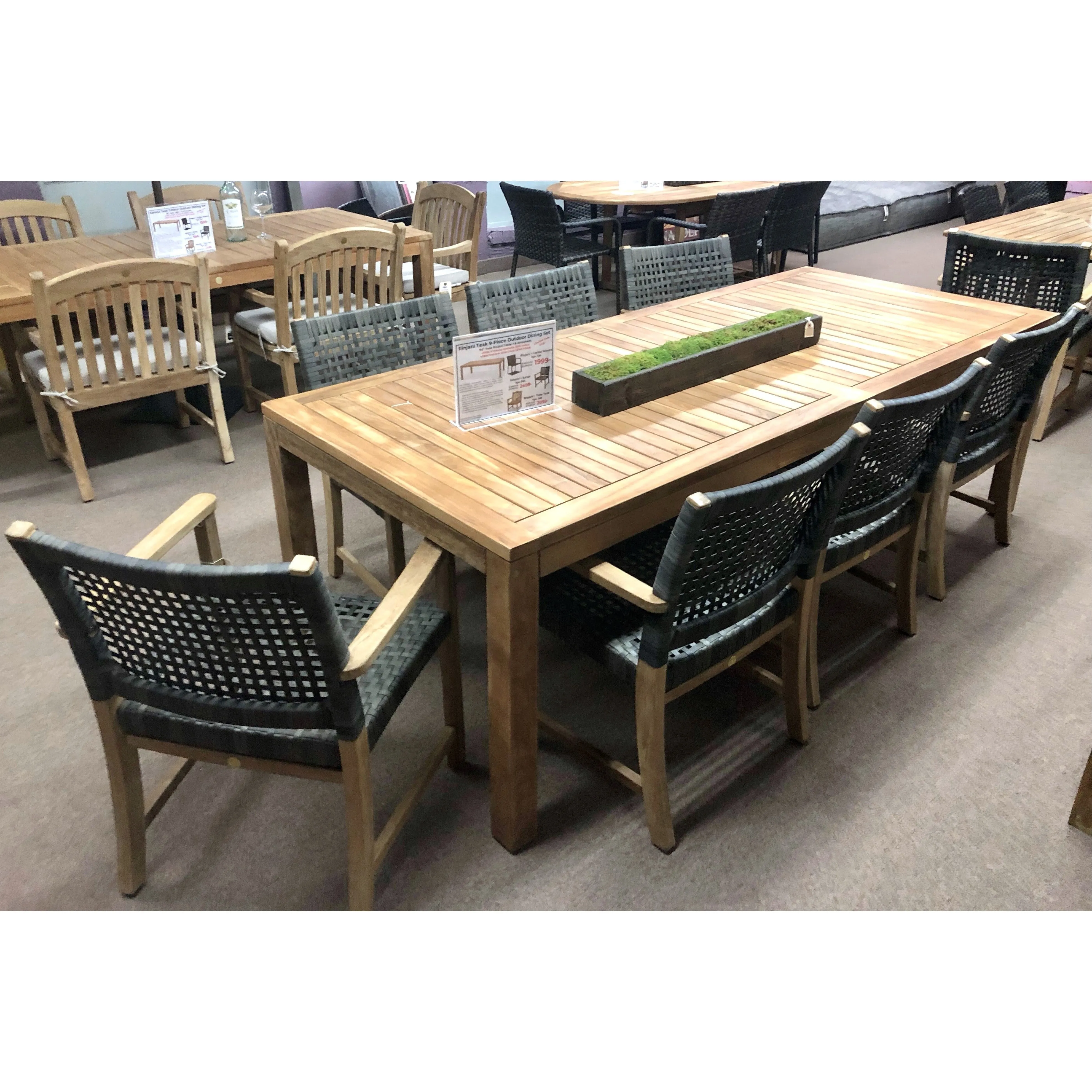 Rinjani Teak 9pc Outdoor Dining Set (Teak 94" Rectangular Table with 8 Sanur Woven Armchairs)