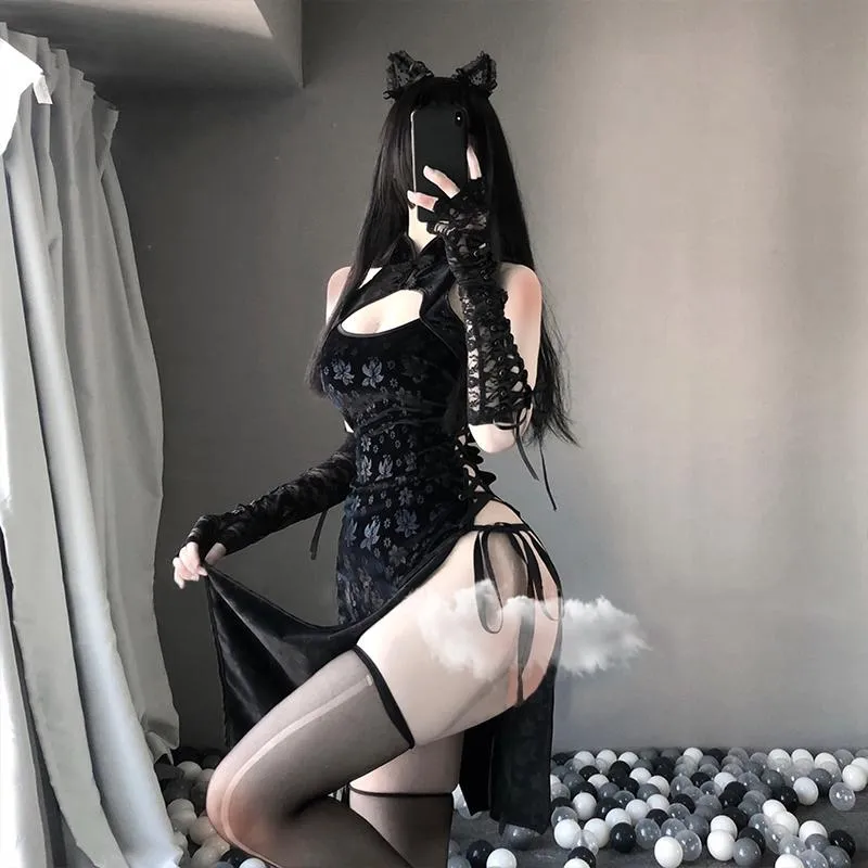 'Serpent' Black Alt Goth Cheongsam Dress