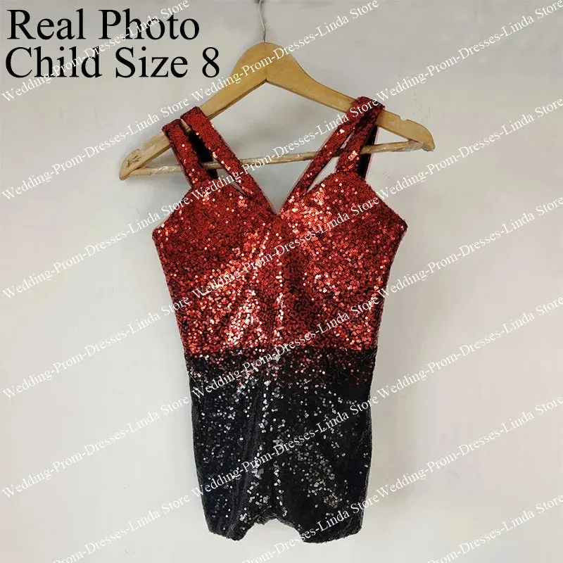 Sparkly Short Girl's Romper Jumpsuit Sequins V-Neck Sleeveless Backless Above Knee Celebrity Dresses Replica Evening Party 2023