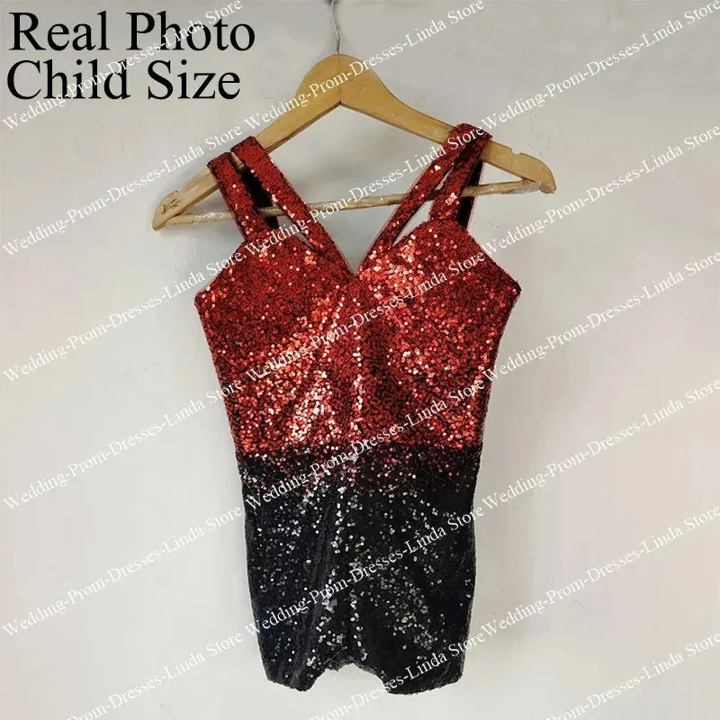 Sparkly Short Girl's Romper Jumpsuit Sequins V-Neck Sleeveless Backless Above Knee Celebrity Dresses Replica Evening Party 2023