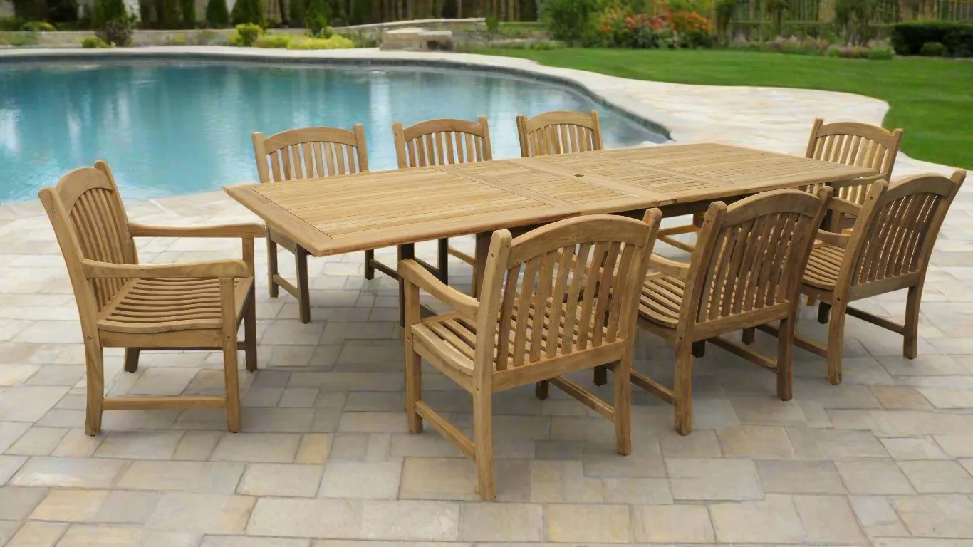 Teak Banquet 9pc Outdoor Dining Set (Teak Extendable Table 88-118" with 8 Teak Tista Arnchairs  FREE Cushions)