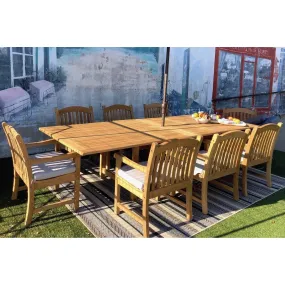 Teak Banquet 9pc Outdoor Dining Set (Teak Extendable Table 88-118" with 8 Teak Tista Arnchairs  FREE Cushions)