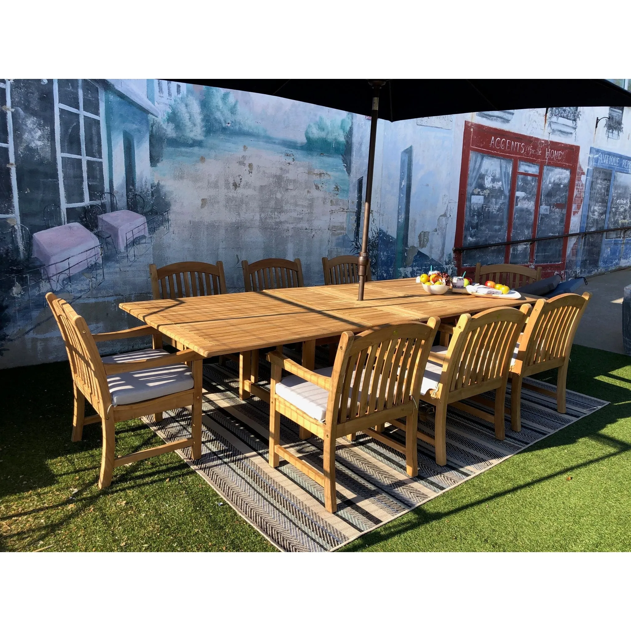 Teak Banquet 9pc Outdoor Dining Set (Teak Extendable Table 88-118" with 8 Teak Tista Arnchairs  FREE Cushions)