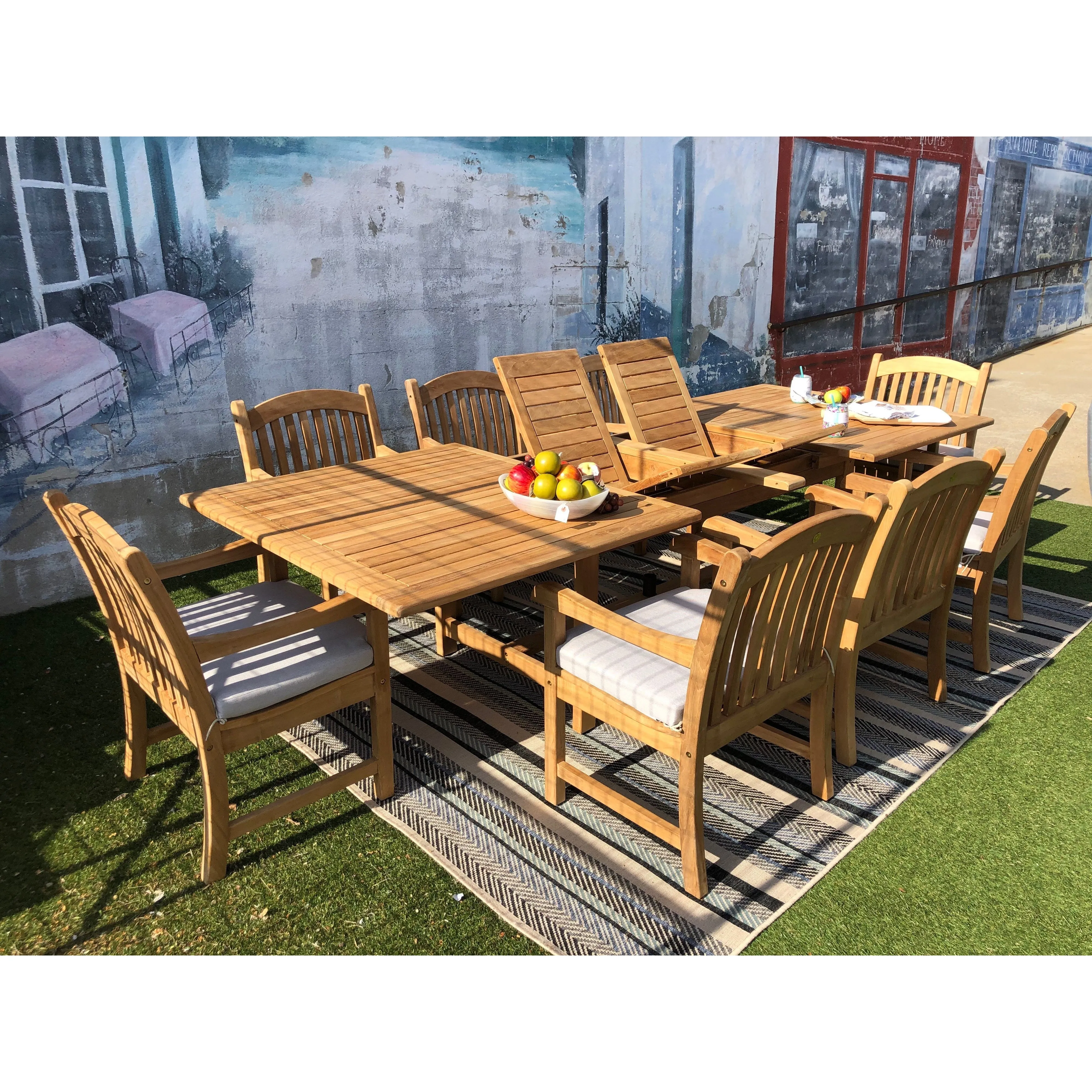 Teak Banquet 9pc Outdoor Dining Set (Teak Extendable Table 88-118" with 8 Teak Tista Arnchairs  FREE Cushions)