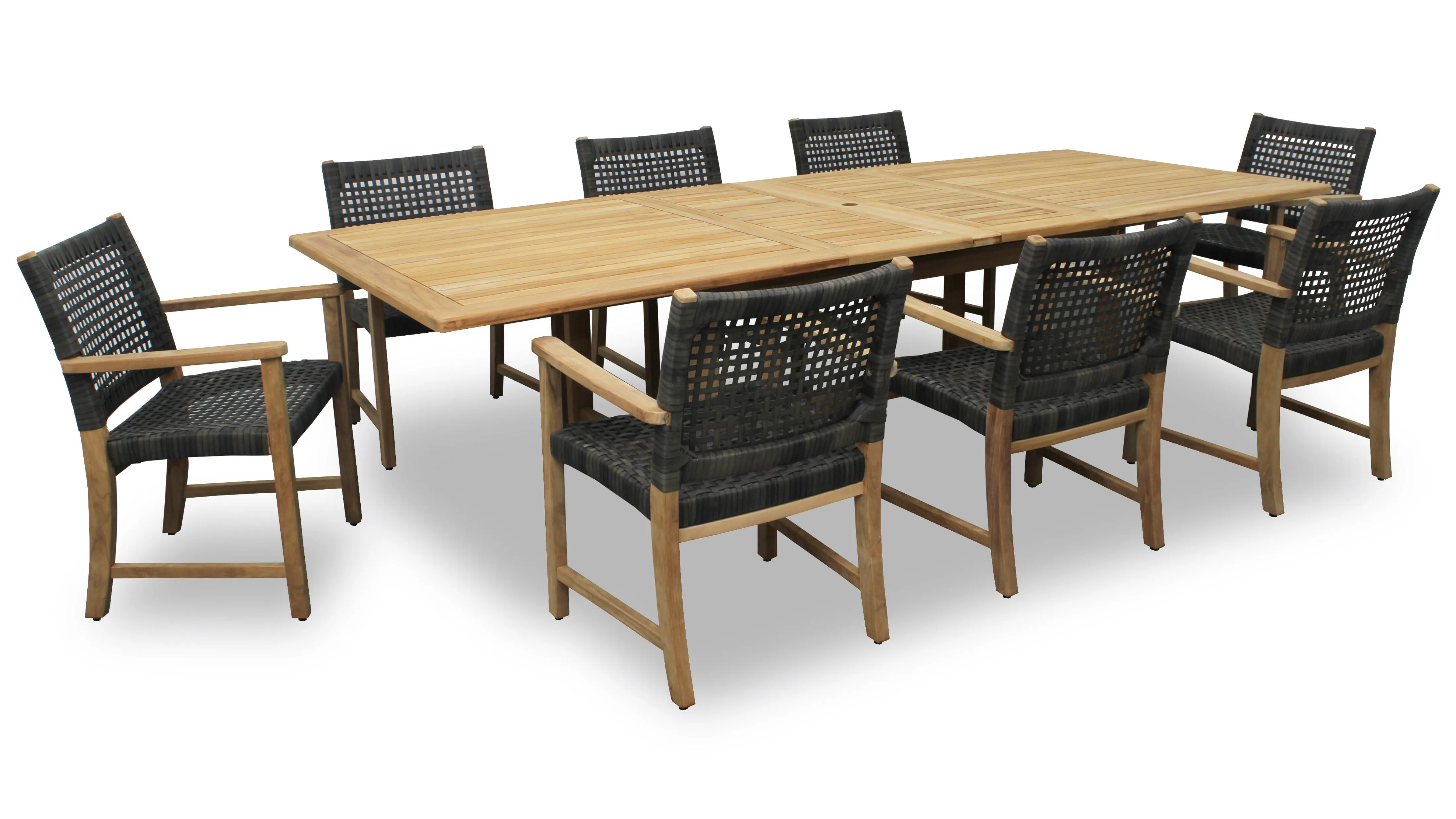 Teak Banquet 9pc Outdoor Dining Set (Teak Extendable Table 88-118" with 8 Woven Sanur Arnchairs)