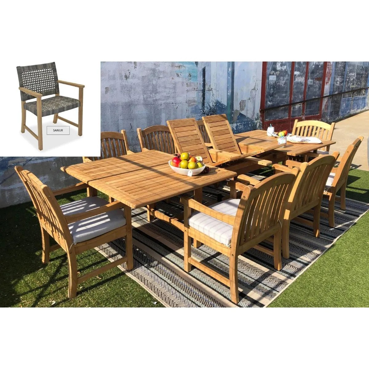Teak Banquet 9pc Outdoor Dining Set (Teak Extendable Table 88-118" with 8 Woven Sanur Arnchairs)