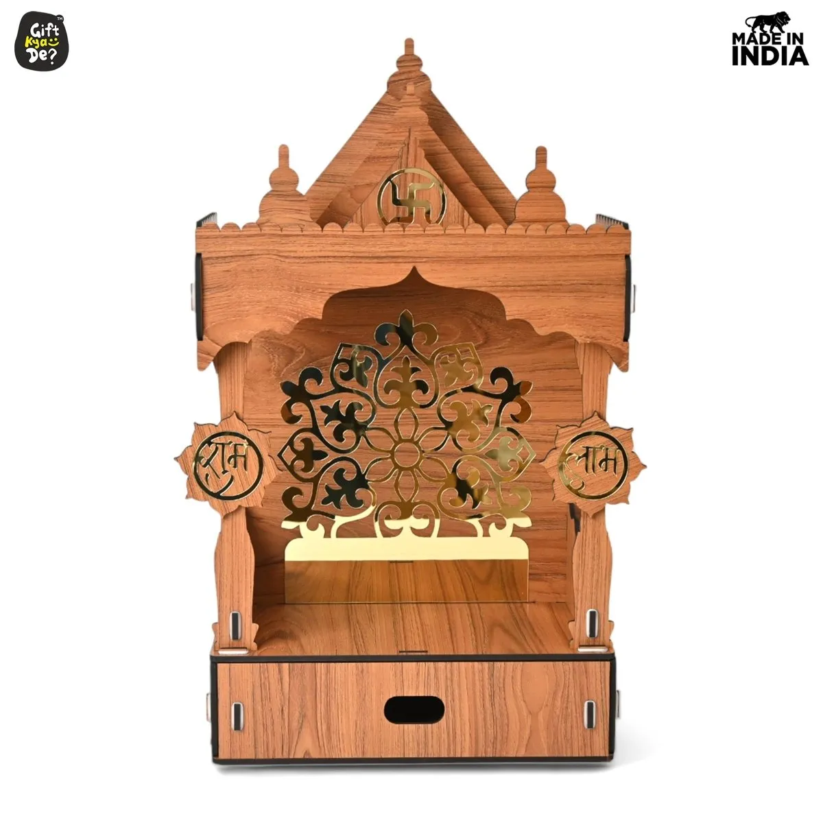 Wooden Temple For Home & Office | Premium 3D Golden Cutwork Design | Mandir With Storage Drawer (DIY) (24x13inch)
