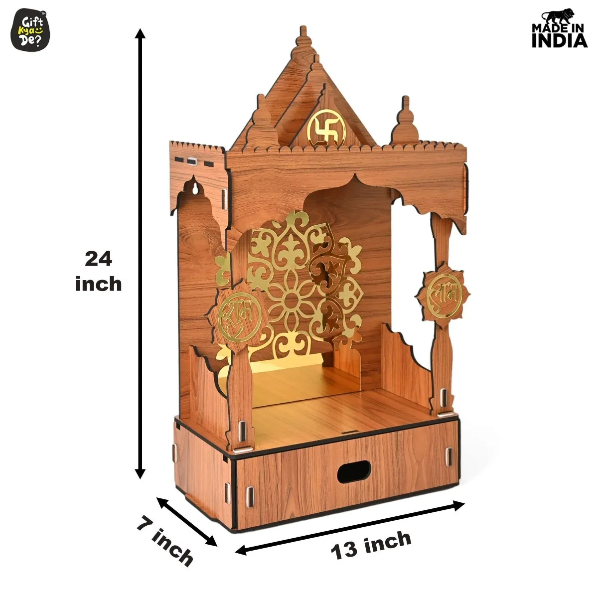 Wooden Temple For Home & Office | Premium 3D Golden Cutwork Design | Mandir With Storage Drawer (DIY) (24x13inch)
