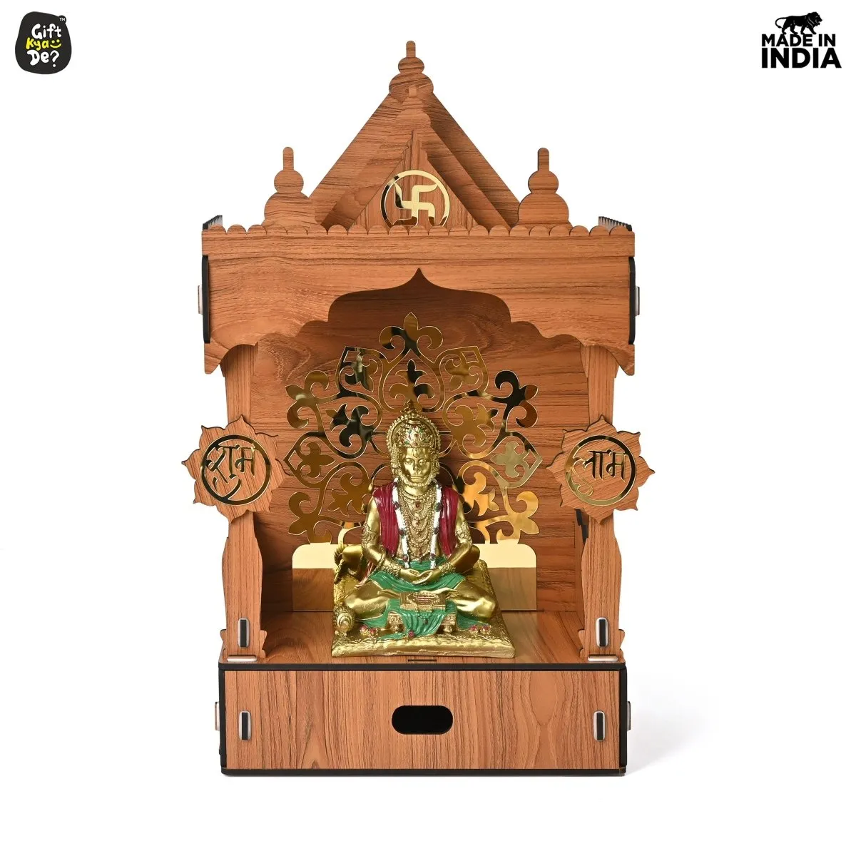 Wooden Temple For Home & Office | Premium 3D Golden Cutwork Design | Mandir With Storage Drawer (DIY) (24x13inch)