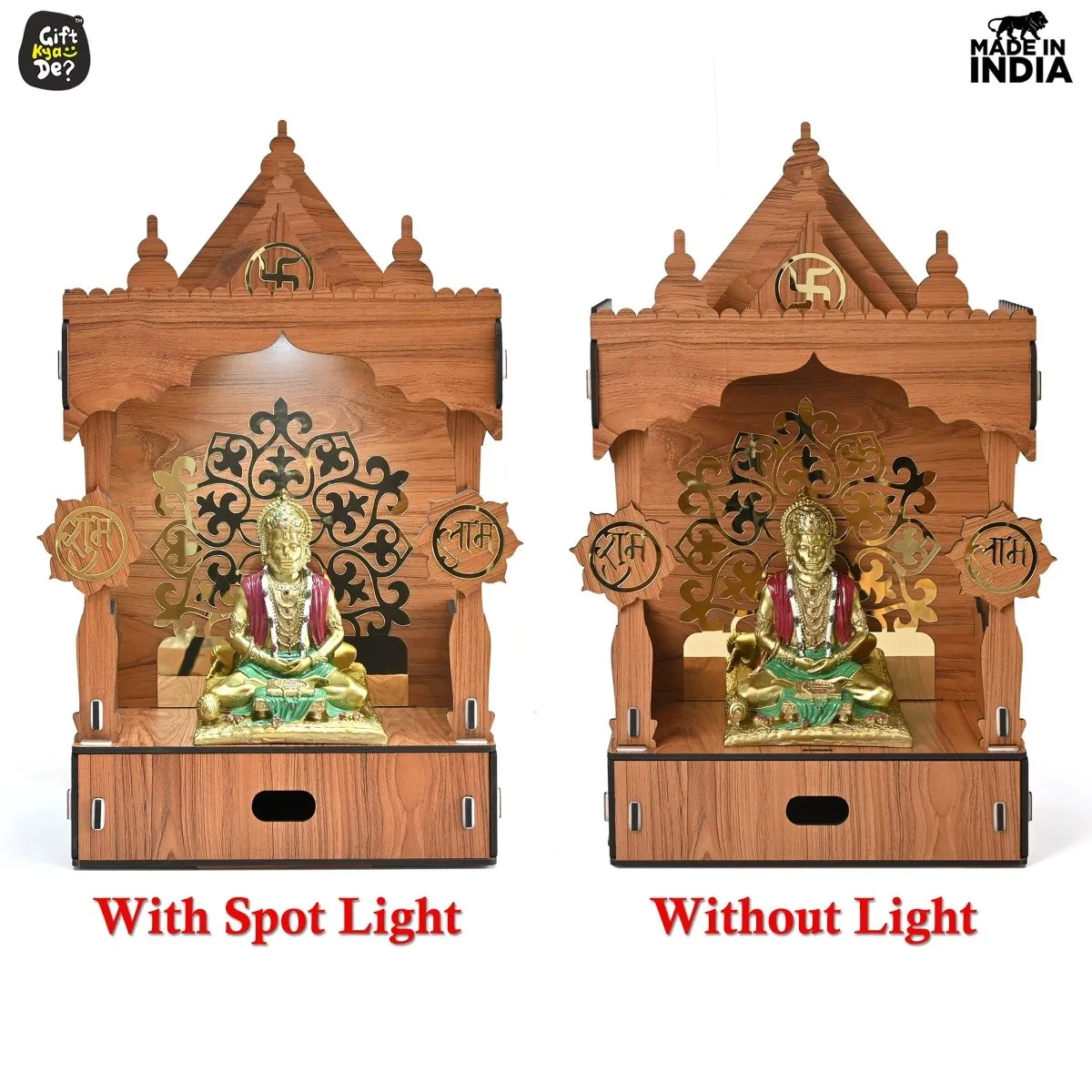 Wooden Temple For Home & Office | Premium 3D Golden Cutwork Design | Mandir With Storage Drawer (DIY) (24x13inch)
