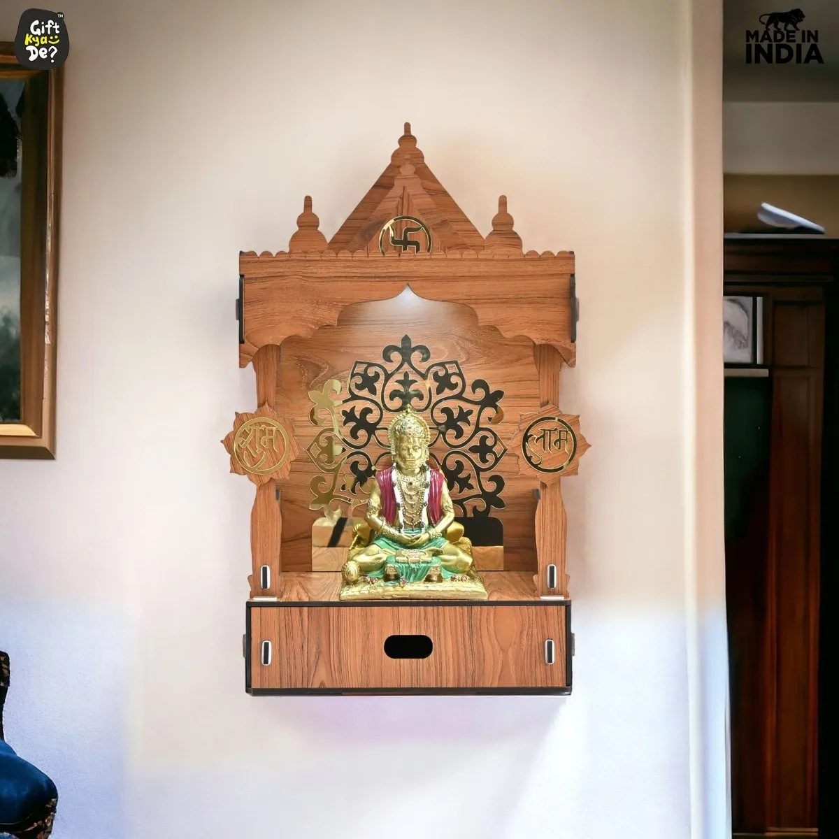 Wooden Temple For Home & Office | Premium 3D Golden Cutwork Design | Mandir With Storage Drawer (DIY) (24x13inch)