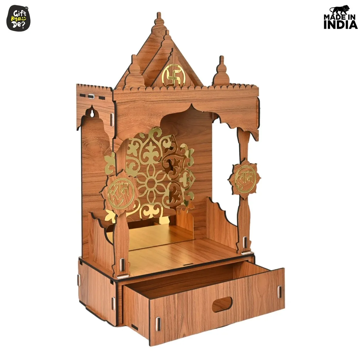 Wooden Temple For Home & Office | Premium 3D Golden Cutwork Design | Mandir With Storage Drawer (DIY) (24x13inch)