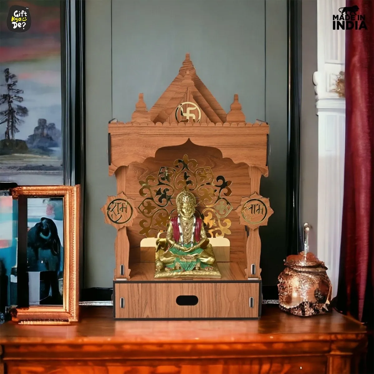 Wooden Temple For Home & Office | Premium 3D Golden Cutwork Design | Mandir With Storage Drawer (DIY) (24x13inch)